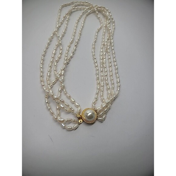 Vintage Necklace Multi Strand Beaded Gold Tone White Bead Slide Clasp Jewelry - Picture 11 of 12